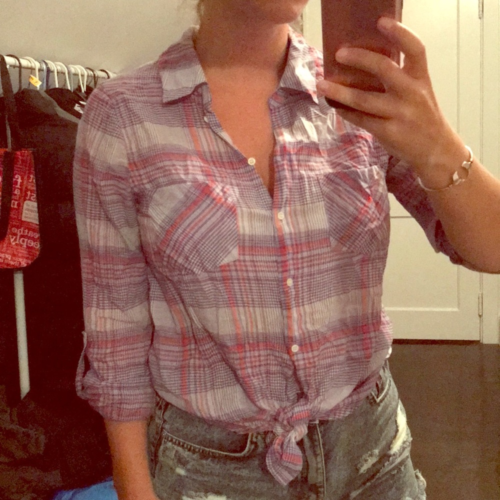 Joie purple and pink plaid button down EUC